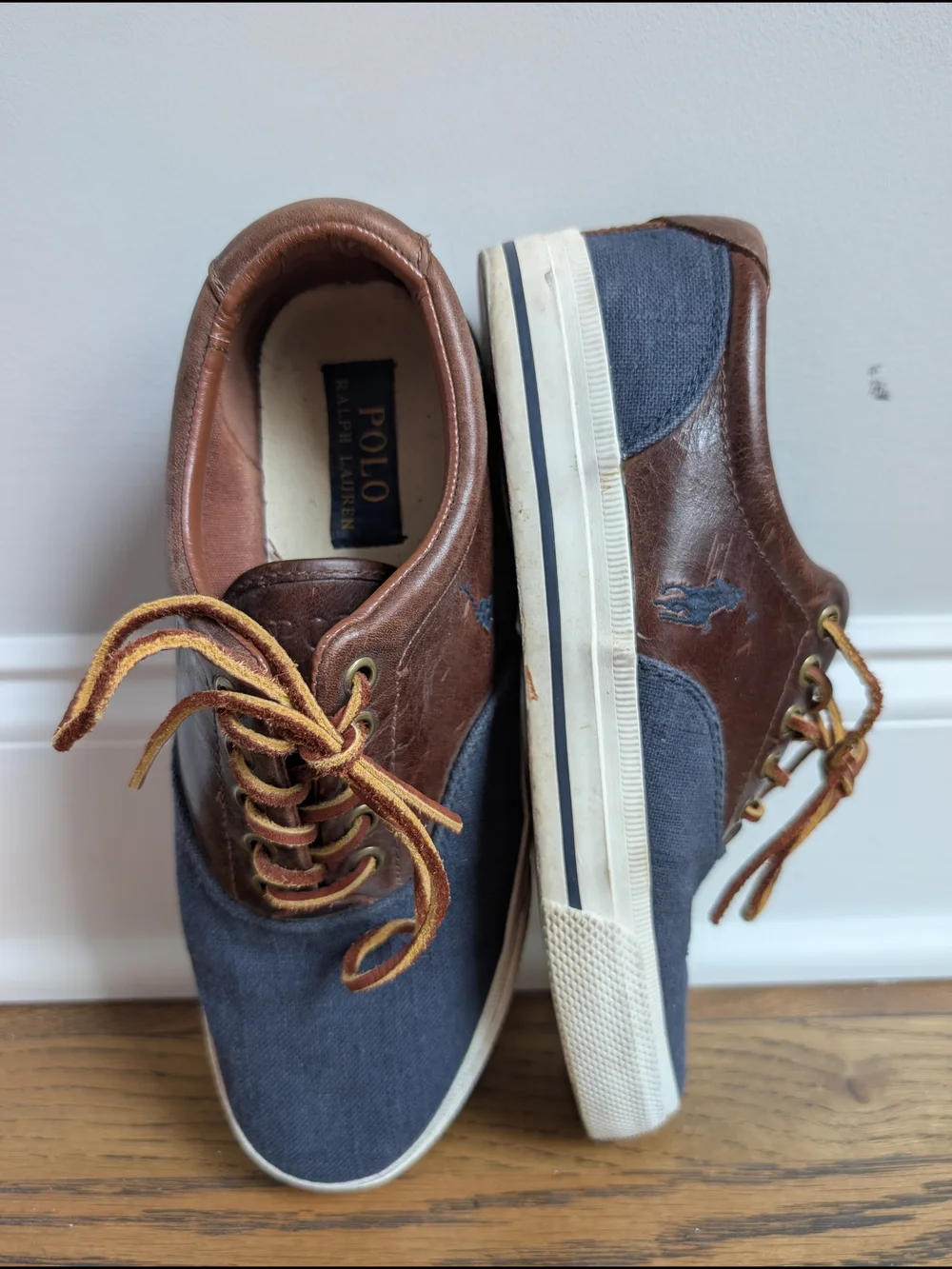 Polo Ralph Lauren Vaughn Saddle Sneaker Men's Size 7D Flax Linen Leather Blue